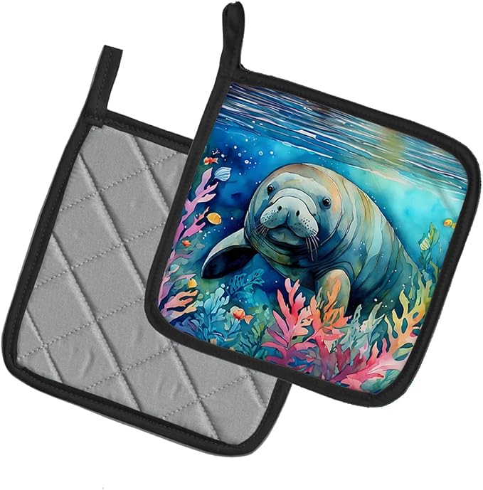 Caroline's Treasures Manatee Pair of Pot Holders Kitchen Heat Resistant Pot Holders Sets Oven Hot Pads for Cooking Baking BBQ, 7 1/2 x 7 1/2