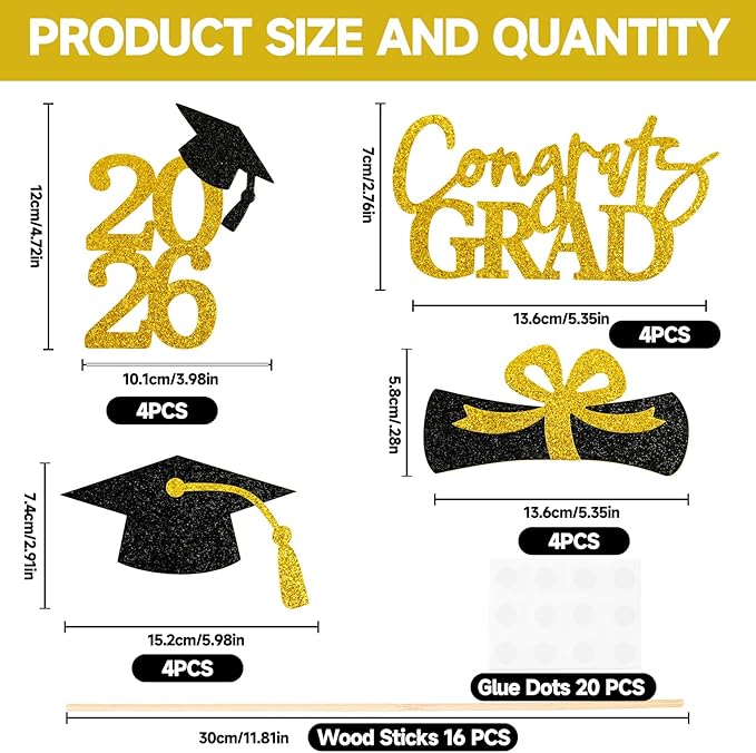 Graduation Decorations 2026, 16 PCS Gold and Black Double Sided Graduation Centerpieces Stick Glitter for Tables, Table Toppers Set for Class of 2026 Congrats Grad Party Supplies (Black)