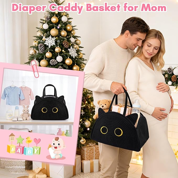 Black Cat Baby Diaper Caddy Organizer, Cute Cat Woven Cotton Rope Basket for Nursery, Portable Caddy Empty Gift Basket, Large Bag Baby Shower Towels Wipes for Newborn Essentials Storage Bins