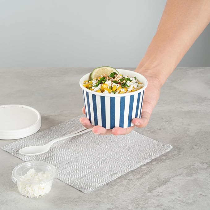 Coppetta 12 Ounce Dessert Cups, 200 Disposable Ice Cream Cups - Lids Sold Separately, Sturdy, Blue And White Paper FroYo Bowls, Striped, For Hot And Cold Foods, Perfect For Gelato - Restaurantware