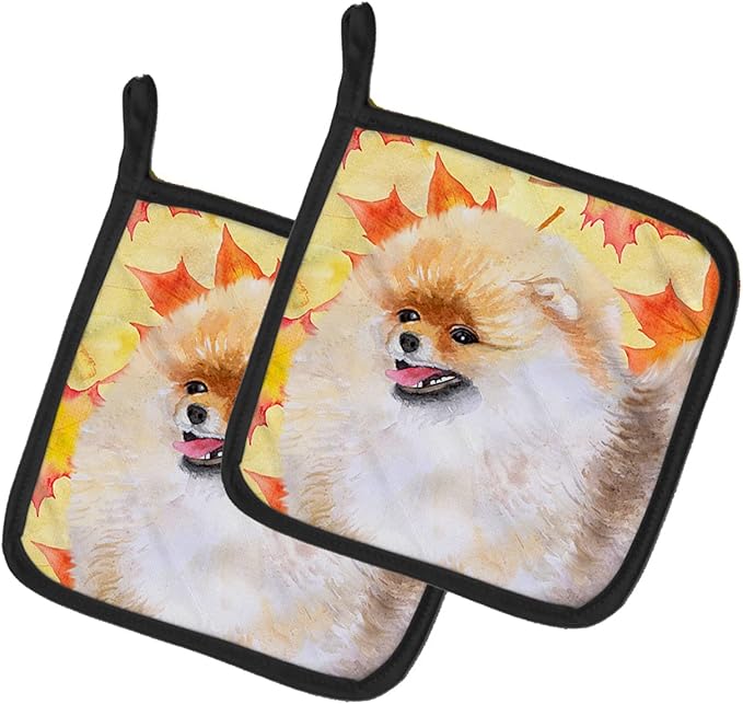 Caroline's Treasures BB9943PTHD Pomeranian Fall Pair of Pot Holders, Yellow Kitchen Heat Resistant Pot Holders Sets Oven Hot Pads for Cooking Baking BBQ, 7 1/2 x 7 1/2