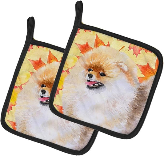 Caroline's Treasures BB9943PTHD Pomeranian Fall Pair of Pot Holders, Yellow Kitchen Heat Resistant Pot Holders Sets Oven Hot Pads for Cooking Baking BBQ, 7 1/2 x 7 1/2