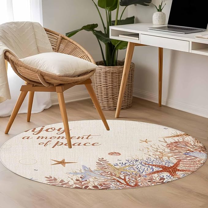 Washable Round Area Rug Orange Marine Starfish Coral Seaweed Circle Rugs Floor Carpet for Living Room Bedroom, Peace Quote on Linen Soft Non Slip Round Rug 3ft