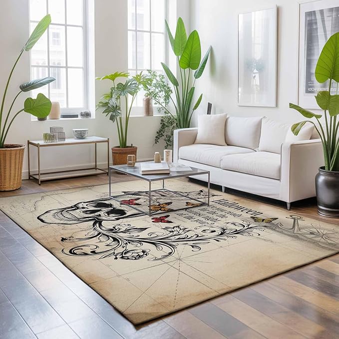 Area Rug 4x6ft, Halloween Skull Owls on Vintage Washable Rugs for Living Room Bedroom, Retro Butterflies Flower Soft Non-Slip Area Rugs Rectangle Floor Carpet for Dining Room