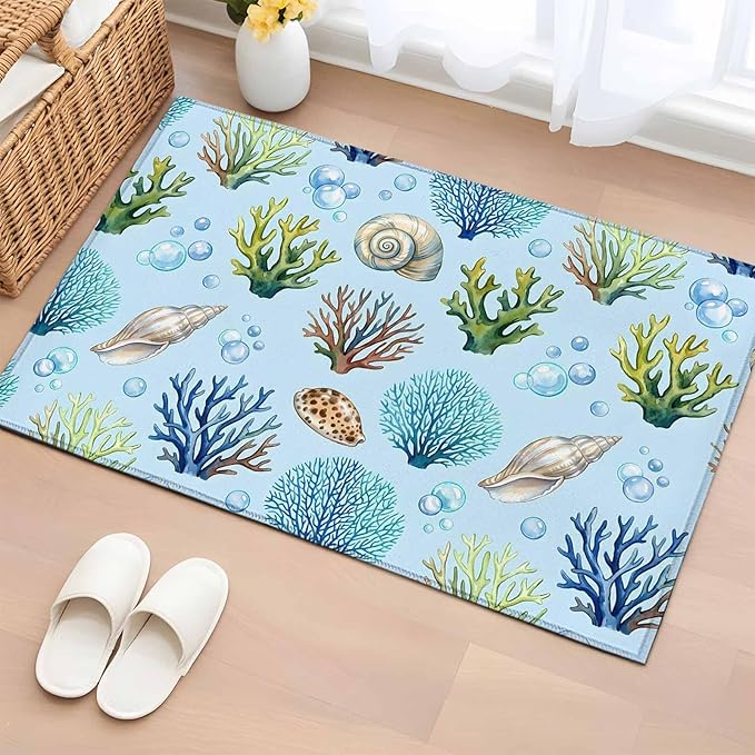 Area Rug 2x3ft, Coastal Shell Coral Bubble Washable Rugs for Living Room Bedroom, Nautical Ocean Blue Underwater Scene Soft Non-Slip Area Rugs Rectangle Floor Carpet for Dining Room