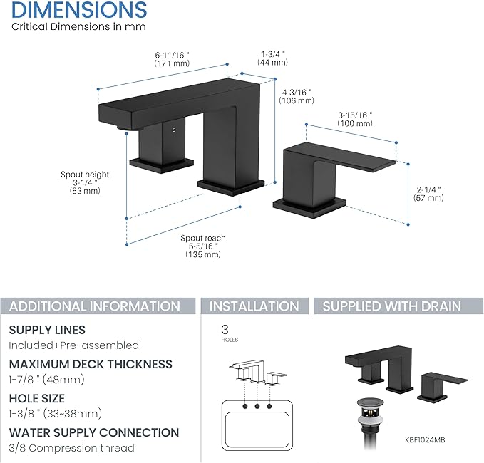 KIBI 2-Handle Cube Bathroom Sink Faucet with Drain Assembly | 3-Hole Installation, Solid Brass Construction | 8-Inch Wide Spread Lavatory Faucet | Matte Black, KBF1024