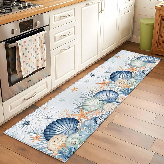Runner Rug for Bedroom Hallway, Underwater Shells Starfish on Blue Kitchen Runner Rugs Area Rug 2x6ft, Colorful Coral Washable Soft Floor Carpet for Entryway Stair