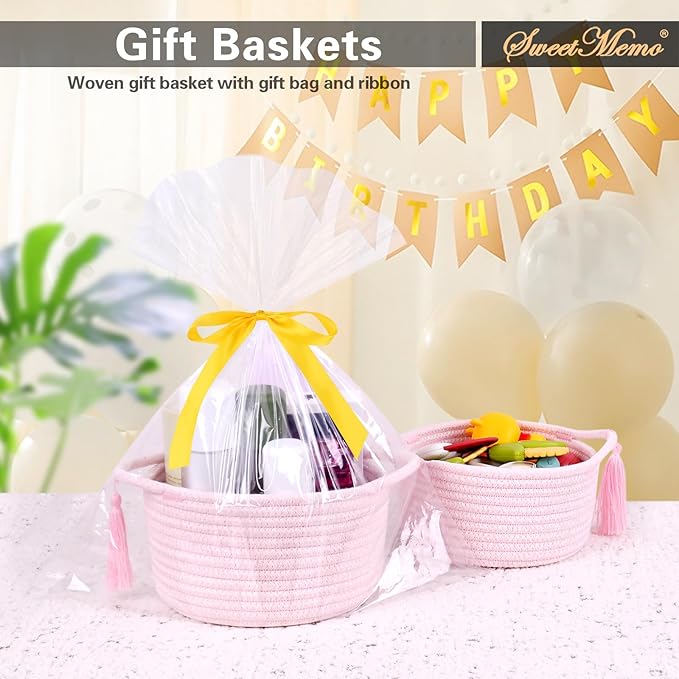 Small Cute Empty Gift Basket - Little Woven Rope Baskets for Girl, Baby Shower Gifting, Makeup, Desk，Valentines，Bathroom- Decorative Vanity Organizer Bins - 2 Pack, Pre-Shaped, Pastel Pink