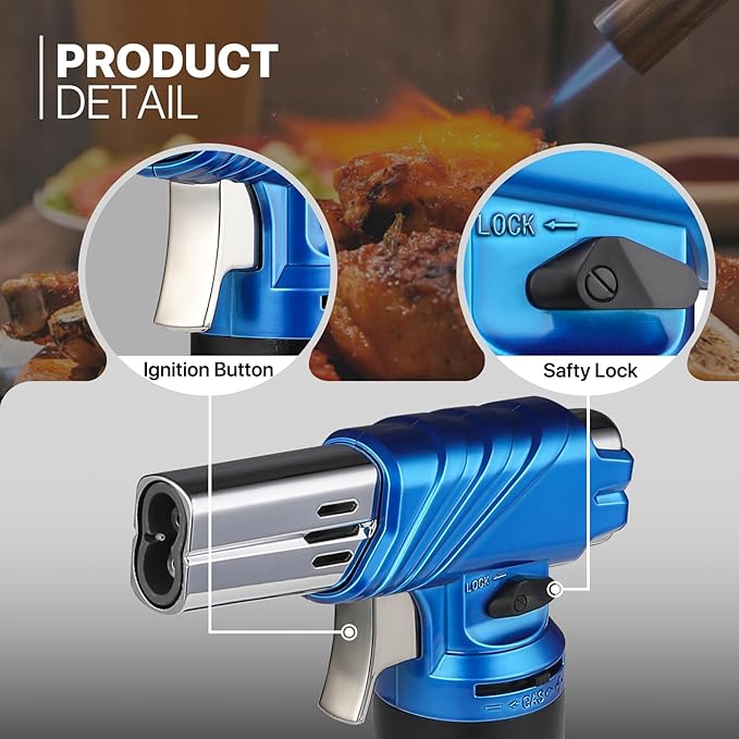 mollie Mini Butane Torch Lighter with Adjustable Flame, Small Refillable Kitchen Cooking Blow Torch for Creme Brulee, Windproof Baking Torch with Safety Lock, Blue 2-Pack (Butane Gas Not Included)