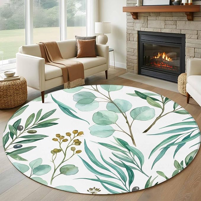 Washable Round Area Rug Watercolor Eucalyptus Leaves Circle Rugs Floor Carpet for Living Room Bedroom, Spring Green Foliage Branch Soft Non Slip Round Rug 5ft