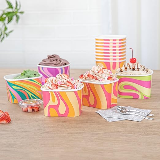 Restaurantware Paper Cups 50 Count 12 Ounce Square Disposable Ice Cream Containers, Leak-Resistant Paper Dessert To Go Cups, Hot And Cold Food, Durable Tropical Twist Design