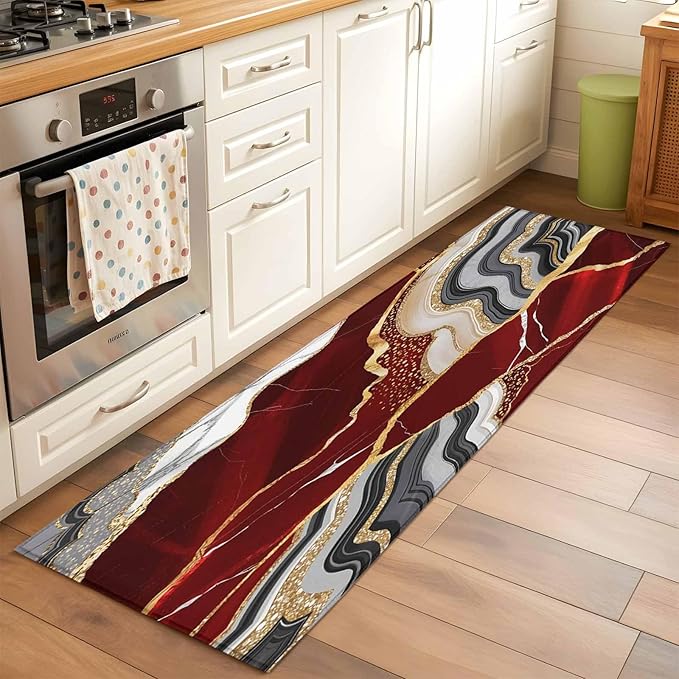 Runner Rug for Bedroom Hallway, Abstract Flowing Marble Fluid Art Kitchen Runner Rugs Area Rug 2x6ft, Red and Gold Lines Washable Soft Floor Carpet for Entryway Stair