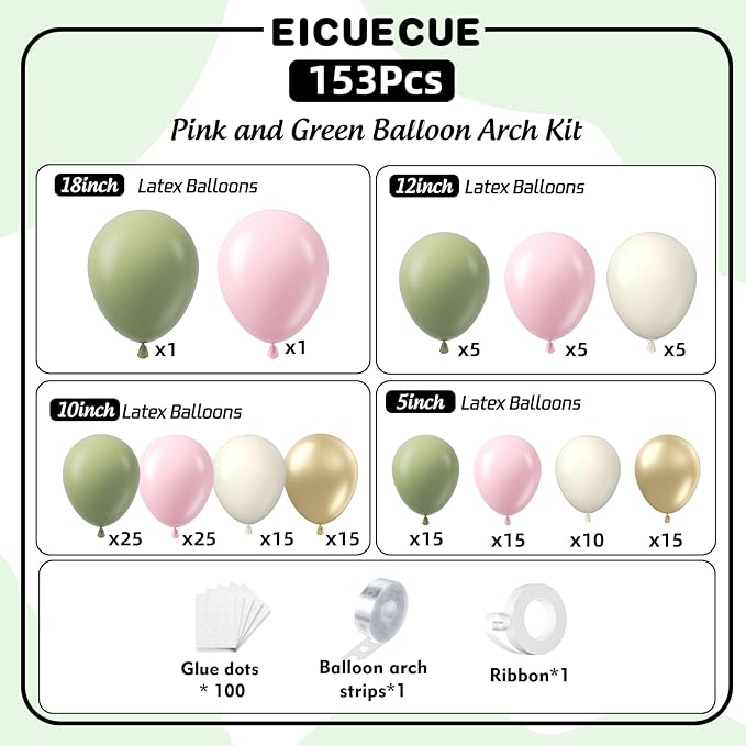 Pink and Green Balloons Arch Kit -153Pcs Sage Green and Pink White Sand Gold Different Size Balloons Garland Kit for Girl Baby Shower Wedding Birthday Jungle Safari Woodland Party Decorations