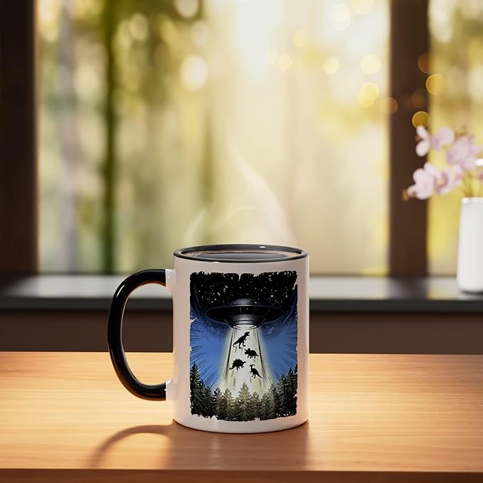 UFO Dinosaur Alien Abduction Flying Saucer Conspiracy Ceramic Mug, Black/White