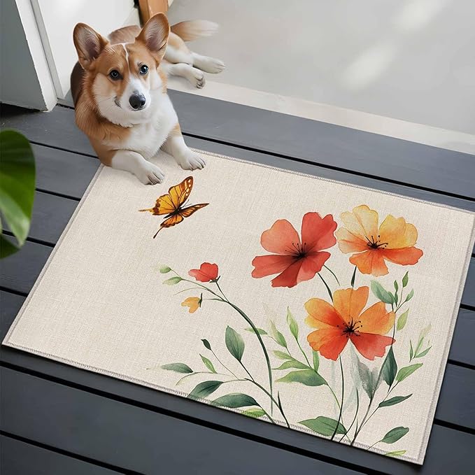 Area Rug 2x3ft, Summer Watercolor Flower Butterfly Washable Rugs for Living Room Bedroom, Green Leaves Retro Linen Soft Non-Slip Area Rugs Rectangle Floor Carpet for Dining Room