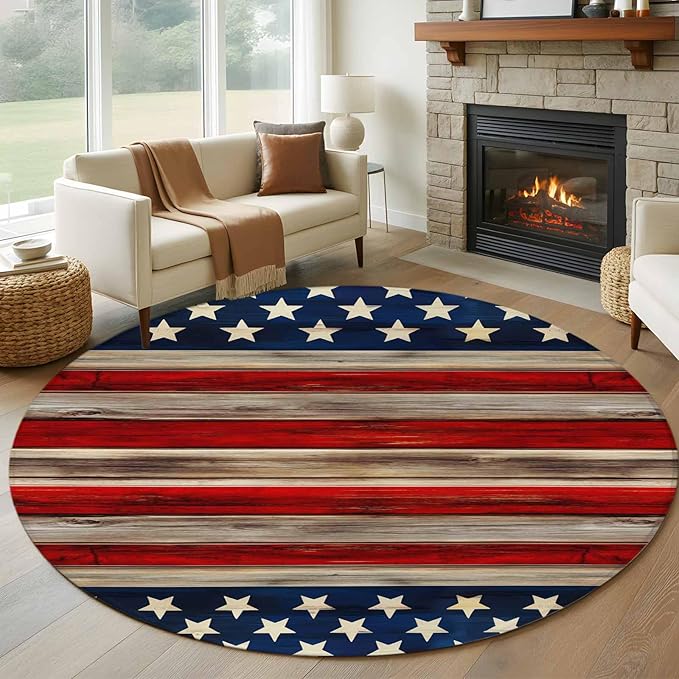 Washable Round Area Rug Vintage Stripes and Stars Circle Rugs Floor Carpet for Living Room Bedroom, Patriotic 250th Anniversary Soft Non Slip Round Rug 5ft
