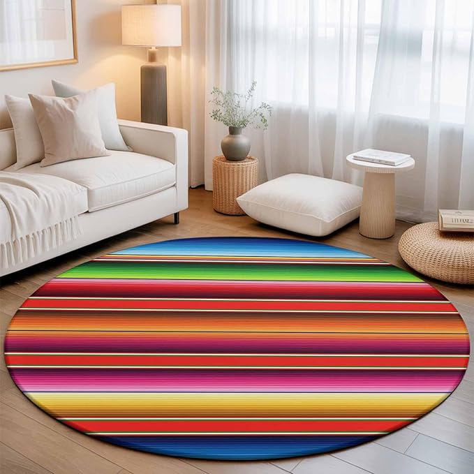 Washable Round Area Rug Mexican Stripes Vintage Ethnic Circle Rugs Floor Carpet for Living Room Bedroom, Native American Stripe Soft Non Slip Round Rug 3ft