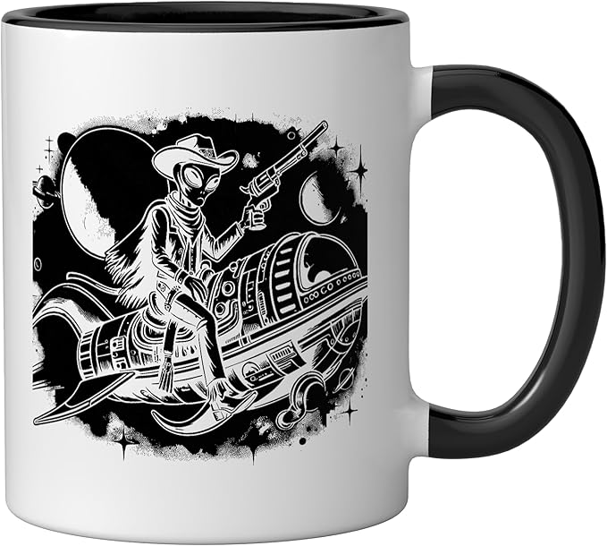 Alien Lover Flying Saucer UFO Extraterrestrial Cowboy Ceramic Mug, Black/White
