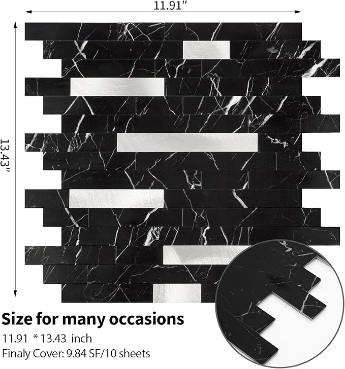 Yipscazo 1 Sheet Peel and Stick Stone Metal Tile Backsplash, Stick on Tiles for Backsplash Kitchen, Bathroom, Laundry Room, Camper, Fireplace (12'' X 12'', Pure Black)