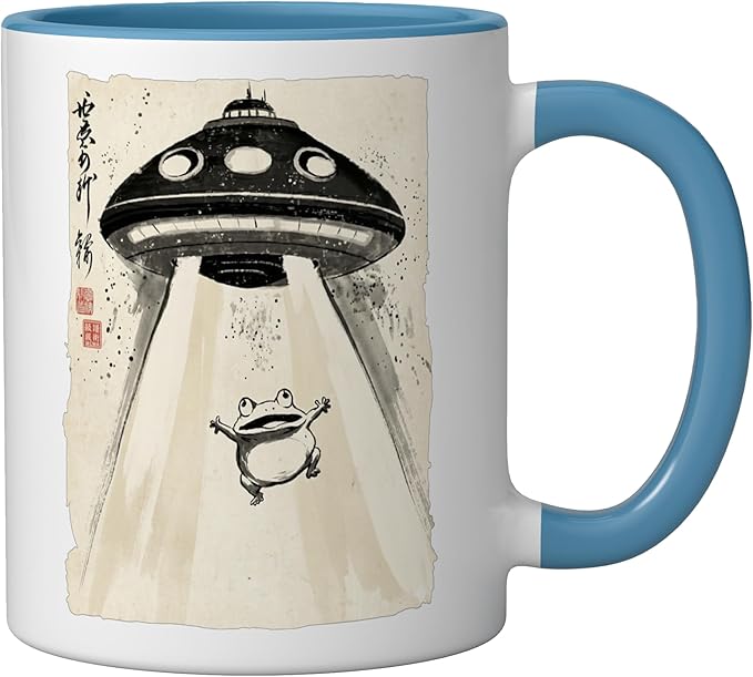 Ukiyo-e Style UFO Abducting Cute Frog Ink Art Painting Ceramic Mug, Blue/White