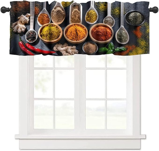 Kitchen Spices Valance, Vintage Cooking Seasoning Food Herb Bowls Spoons Farmhouse Rod Pocket Window Treatment for Cafe Resturant Bedroom Living Room, 54x18Inch