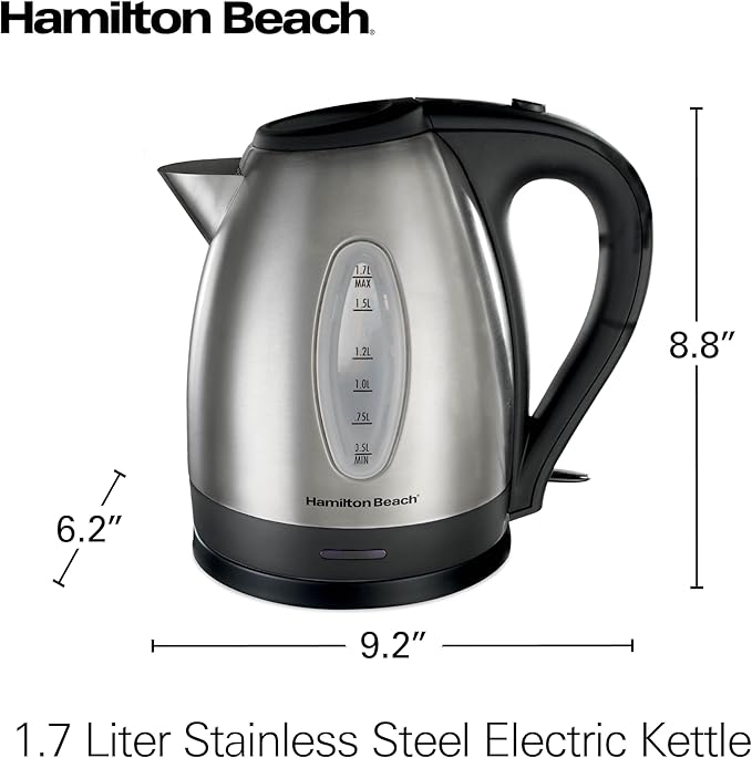 Hamilton Beach Electric Tea Kettle,Water Boiler & Heater,1.7 Liter,Cordless Serving,1500 Watts for Fast Boiling,Auto-Shutoff and Boil-Dry Protection,Stainless Steel (40880),(Pack of 2)