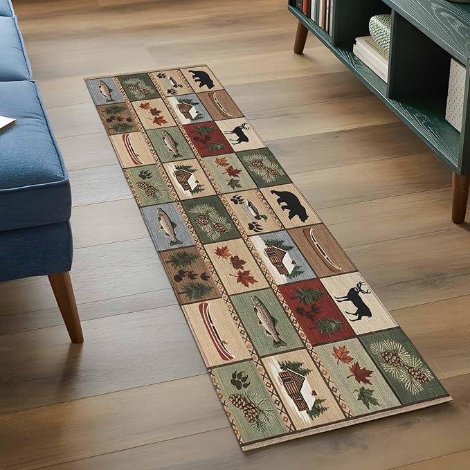 Runner Rug for Bedroom Hallway, Vintage Bear Forest Deer Fish Village Kitchen Runner Rugs Area Rug 2x6ft, Retro Wildlife Themes Washable Soft Floor Carpet for Entryway Stair