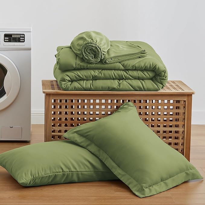Love's cabin Twin Comforter Set Olive Green, 5 Pieces Twin Bed in a Bag, All Season Bedding Sets with 1 Comforter, 1 Flat Sheet, 1 Fitted Sheet, 1 Pillowcase and 1 Pillow Sham | Soft, Breathable, Lightweight, Comfortable