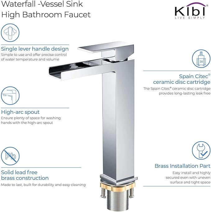KIBI Tall Waterfall Faucet for Bathroom Sink | Single Handle Brass Vanity Faucet with Water Supply Hose | Durable Brass Construction and Smooth Water Flow | Chrome Finish - KBF1005