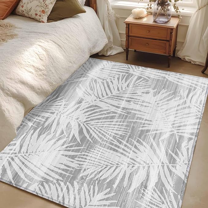 Area Rug 4x6ft, Modern Gray Palm Leaves Washable Rugs for Living Room Bedroom, Boho Tropical Leaves Soft Non-Slip Area Rugs Rectangle Floor Carpet for Dining Room