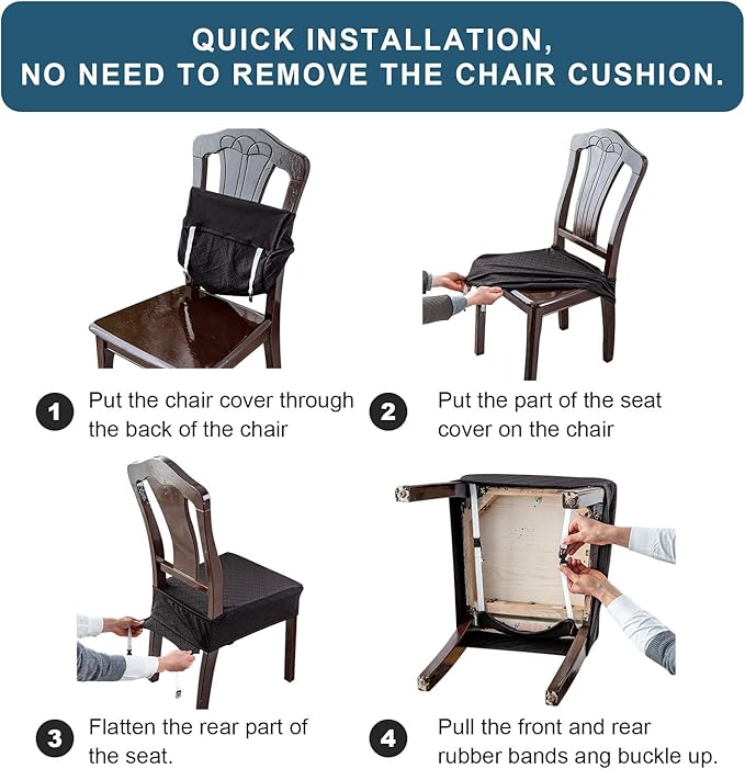 Genina Waterproof Seat Covers for Chairs,Set of 6 Dining Room Chair Seat Covers for Kitchen,Stretch Jacquard Removable Washable Dining Chair Slipcovers Protectors with Rear Covers, Beige