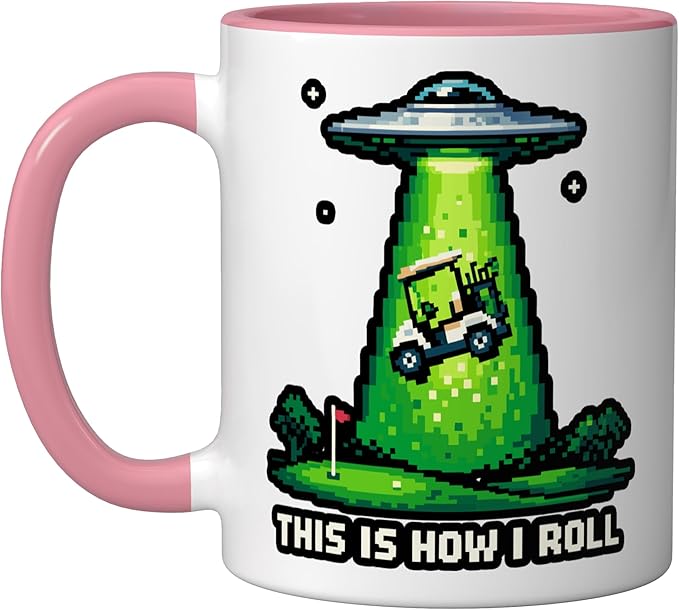 This Is How I Roll Golf UFO Abduction Funny Pixel Art Ceramic Mug, Pink/White