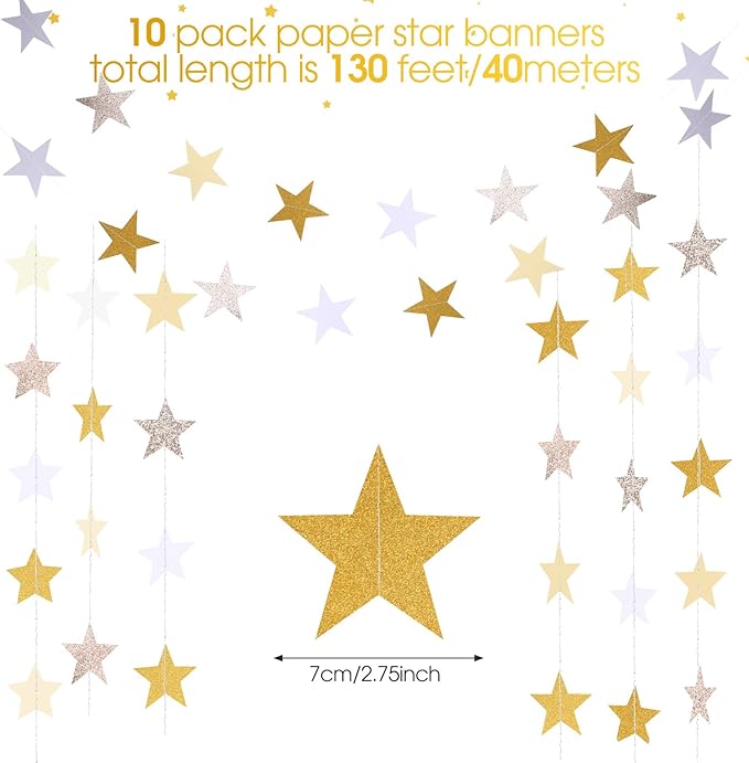 Patelai 130 Feet Glitter Star Garland Banner 2026 Party Decoration Double Side Star Hanging String Streamer Paper Twinkle for Graduation Wedding Birthday (Glitter Gold and Champagne Gold,White)