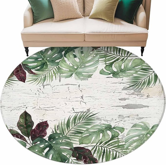 Washable Round Area Rug Summer Green Monstera Palm Leaves Circle Rugs Floor Carpet for Living Room Bedroom, Vintage Botantical Soft Non Slip Round Rug 5ft