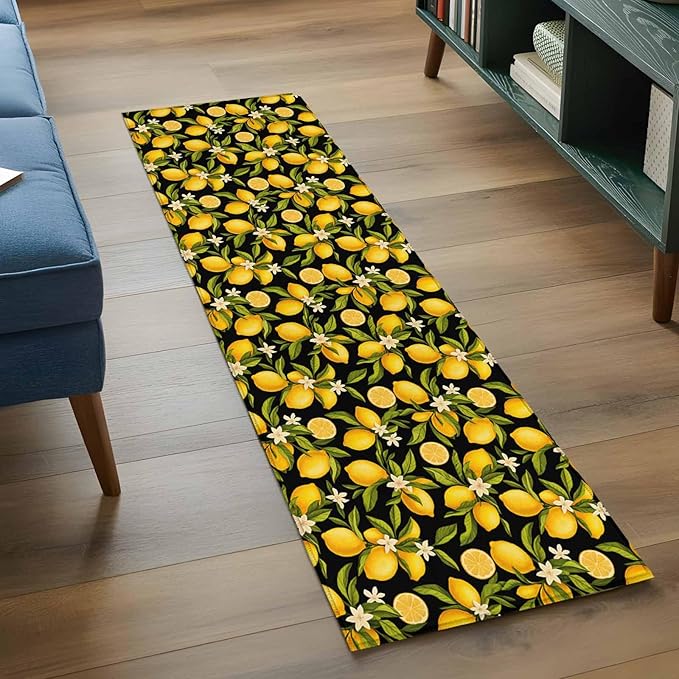 Runner Rug for Bedroom Hallway, Summer Lemon Flower Kitchen Runner Rugs Area Rug 2x6ft, Plant on Black Washable Soft Floor Carpet for Entryway Stair