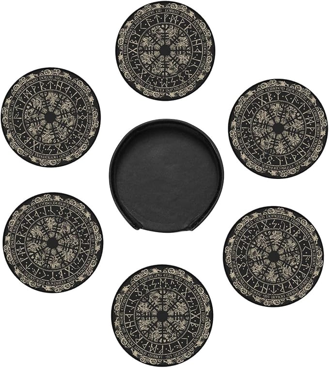 Black Viking Magical Leather Drinks Coasters with Holder, Set of 6, Suitable for Various Cups