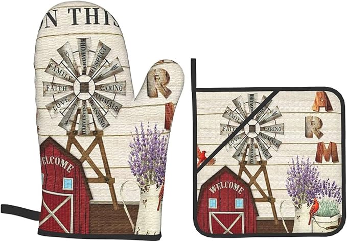 Oven Mitts and Pot Holders Sets of 4,Farmhouse Windmill and Barn House Lavender Cardinal Bird Country Style,Oven Mitts Heat Resistant Oven Gloves Set Potholders for Kitchen Baking Grilling