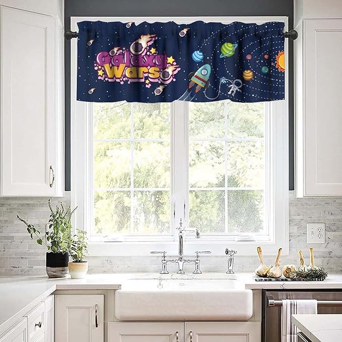 Cartoon Space Valance, Fun Galaxy War Planet Rocket Kids Boys Window Treatment for Kitchen Dining Bedroom Nursery, 54x18Inch