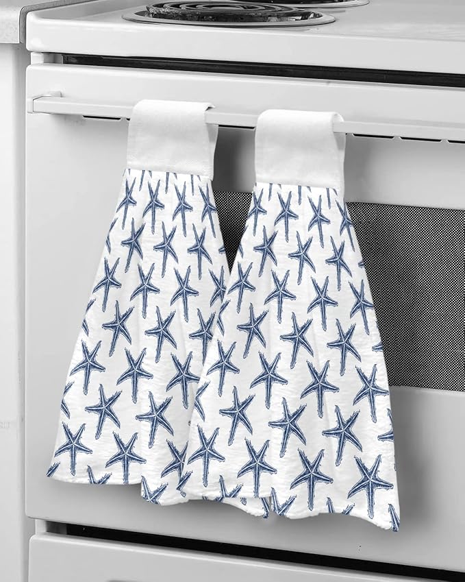 Alandar Home Kitchen Tie Towel Set of 1, Seamless Marine Blue Starfish Absorbent Soft Hand Towels for Bathroom Hanging Towels, Summer Ocean Life on White Fast Drying Cleaning Cloth with Loop