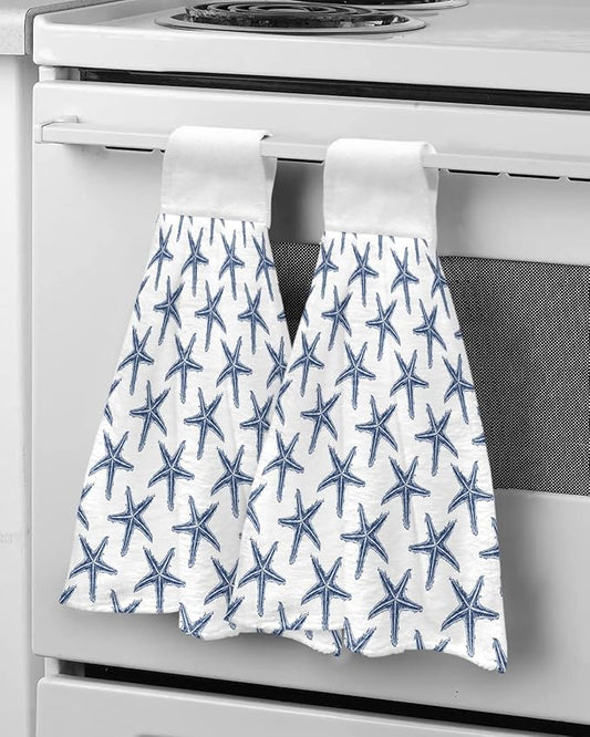 Alandar Home Kitchen Tie Towel Set of 2, Seamless Marine Blue Starfish Absorbent Soft Hand Towels for Bathroom Hanging Towels, Summer Ocean Life on White Fast Drying Cleaning Cloth with Loop