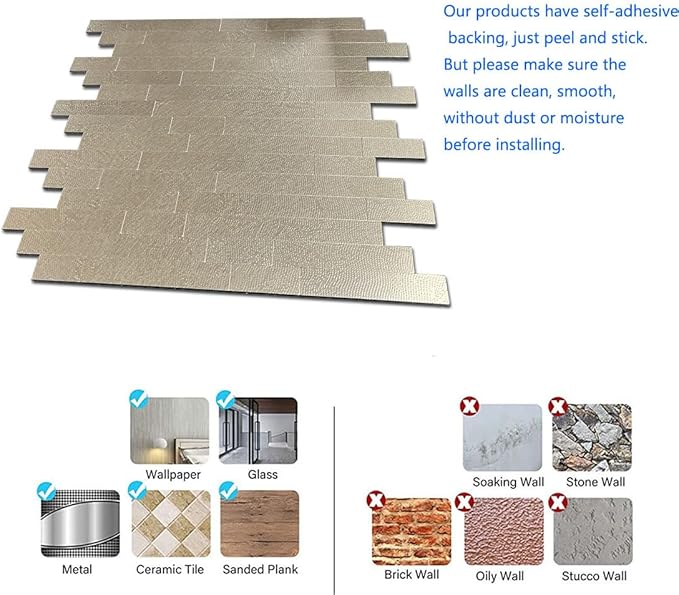 weimeisc 10 Sheets Peel and Stick Backsplash Tile for Kitchen, Self-Adhesive Mosaic Tile, Stick on Bathroom Vanities，Fireplace Décor, Laundry Table (Metal Champagne Wooden Texture)