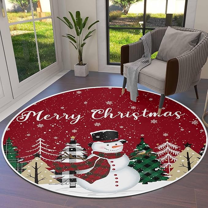 Round Area Rug,Christmas Snowman Green Pine Tree Circle Living Room Rug Non-Slip Rugs Indoor Carpet,Winter Snowflakes on Red Soft Comfort Rugs for Bedroom KidsRoom Nursery