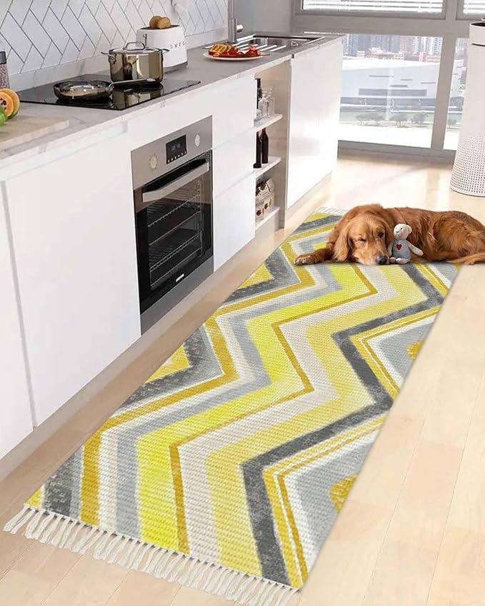 Kitchen Runner Rugs, Yellow Gray Gradient Zigzag Stripe 2'x5' Throw Rug with Tassels, Nordic Style Abstract Art Washable Soft Floor Carpet Runner for Hallway Bedroom Bathroom Laundry Room