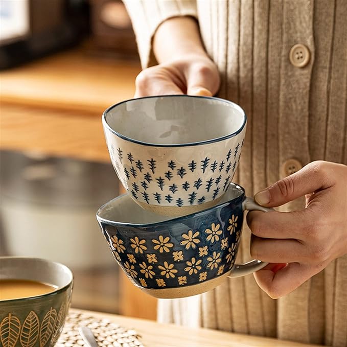 Latte Mug 10.5 Oz Japanese Vintage Ceramic Coffee Mug with Handgrip Heat Resistant Coffee Cup for Breakfast Milk Oatmeal Coffee Office Home for Any Kitchen (Color : 1) (B)