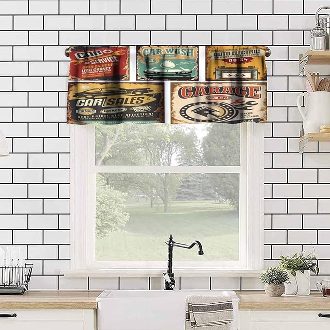 Vintage Valances Curtains Nostalgic Art Auto Service Garage Funk Style Highway Logo Repair Road Grunge Design Windows Short Curtain Valance for Kitchen Bedroom with Rod Pocket, 1 Panel 54X18 Inches