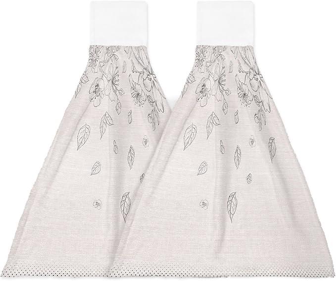 Alandar Home Kitchen Tie Towel Set of 2, Flower Sketch on Burlap Linen Absorbent Soft Hand Towels for Bathroom Hanging Towels, Blossoming Floral Falling Leaves Fast Drying Cleaning Cloth with Loop