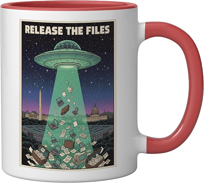 Release the Files UFO Disclosure UAP Alien Conspiracy Ceramic Mug, Red/White