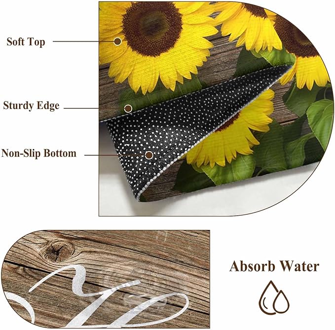 Washable Round Area Rug Farm Sunflower Positive Energy Quote Circle Rugs Floor Carpet for Living Room Bedroom, Retro Dark Brown Wood Grain Soft Non Slip Round Rug 5ft