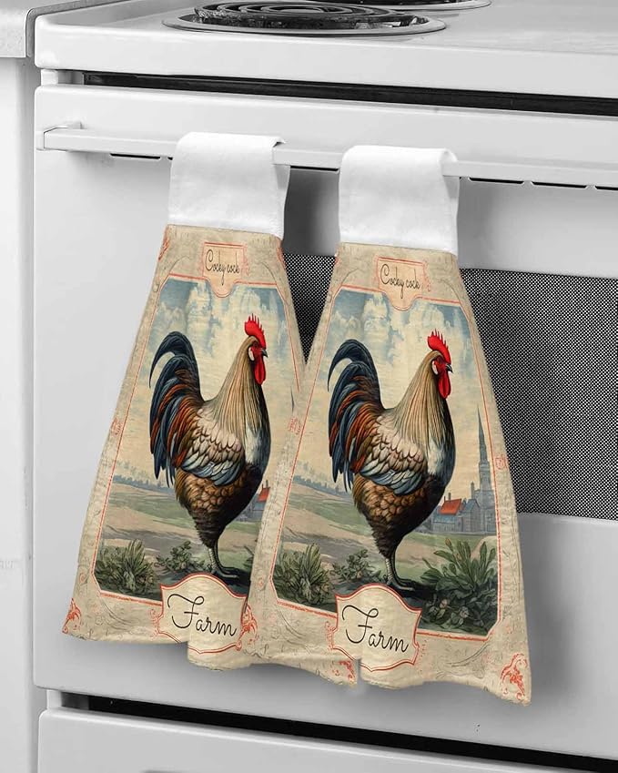 Alandar Home Kitchen Tie Towel Set of 1, Farmhouse Rustic Animal Rooster Absorbent Soft Hand Towels for Bathroom Hanging Towels, Vintage Flower Texture Fast Drying Cleaning Cloth with Loop
