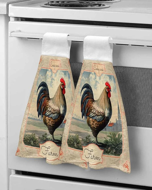 Alandar Home Kitchen Tie Towel Set of 2, Farmhouse Rustic Animal Rooster Absorbent Soft Hand Towels for Bathroom Hanging Towels, Vintage Flower Texture Fast Drying Cleaning Cloth with Loop